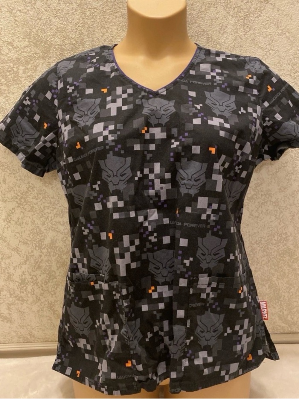 Marvel Black V-Neck Scrub Top with Gray & Purple Pixel Print